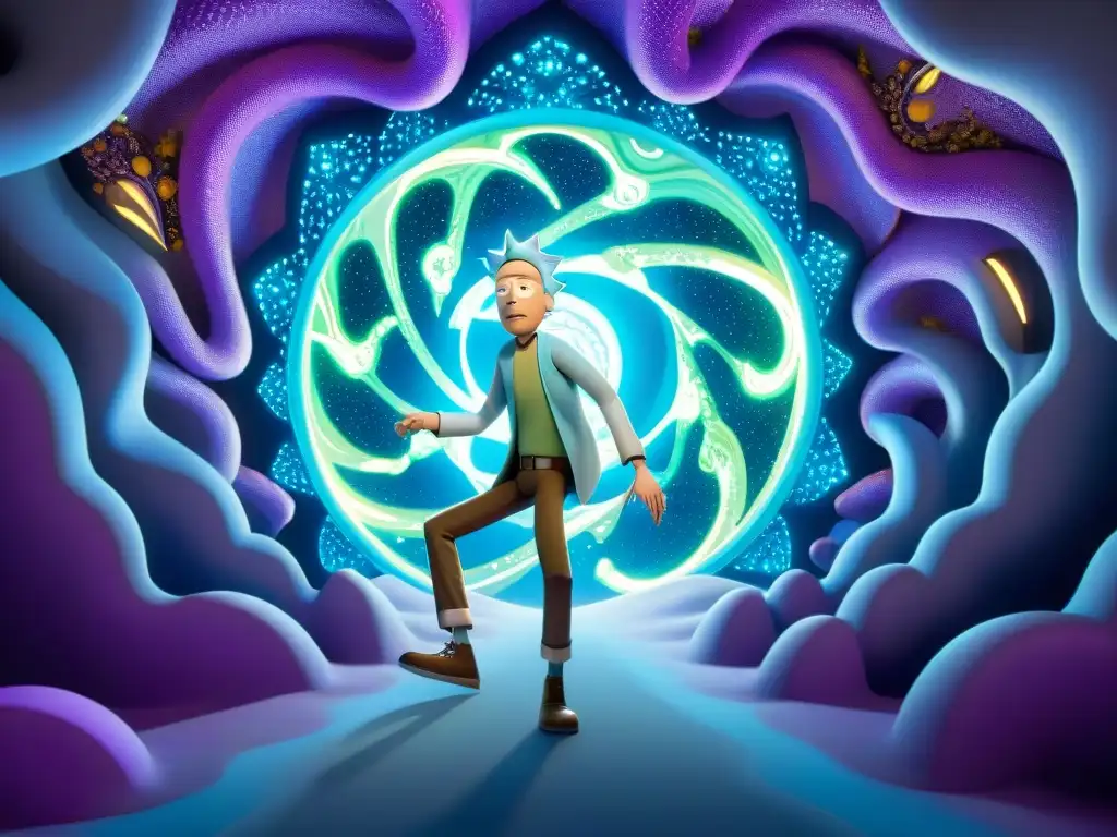 Rick y Morty se adentran en un portal cósmico, listos para sus viajes interdimensionales en un universo vibrante y lleno de misterio