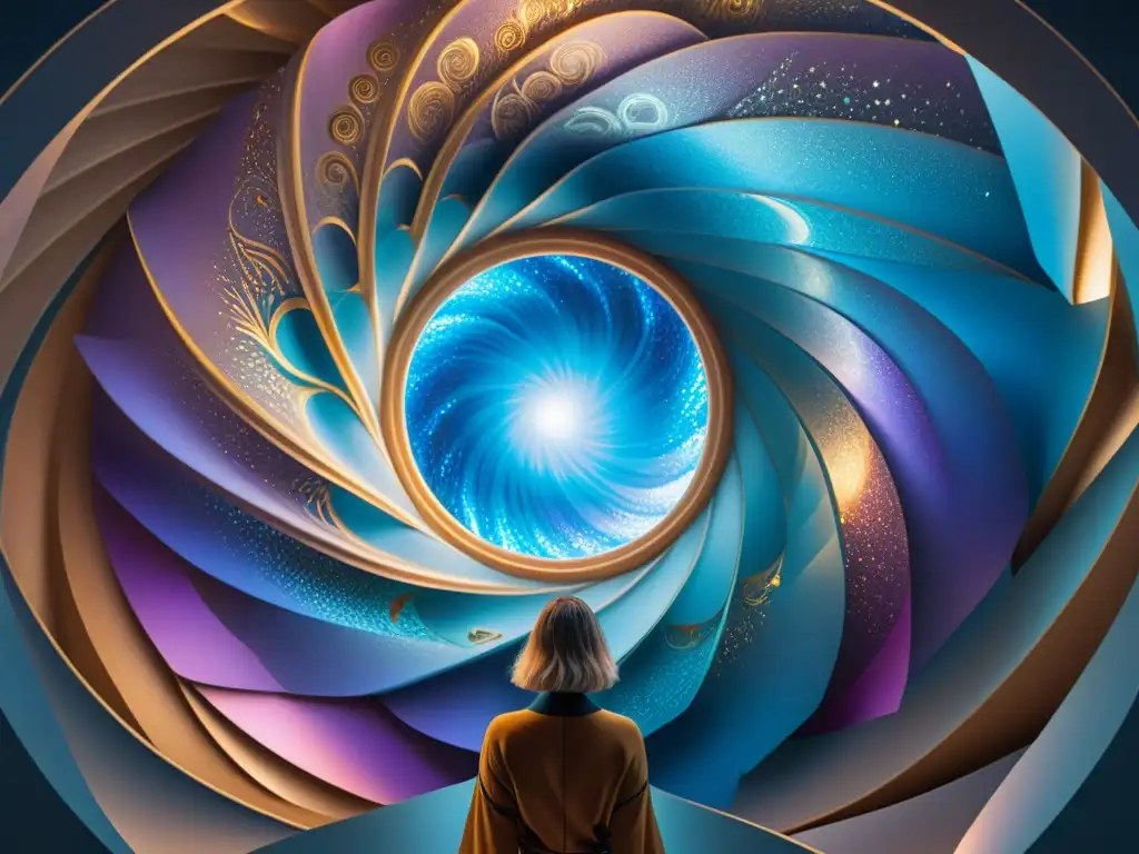 Un portal hipnótico con energía brillante en azul y morado, revelando universos paralelos