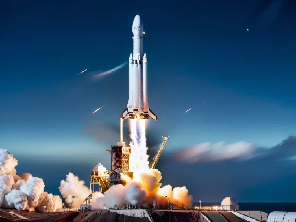 Potente cohete Falcon Heavy de SpaceX despega hacia Marte en la noche estrellada, simbolizando la exploración de Marte por agencias espaciales