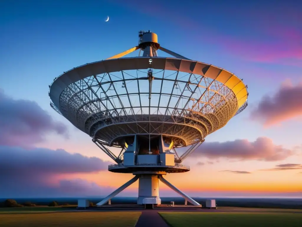 Un potente telescopio radio apuntando al cielo estrellado al atardecer