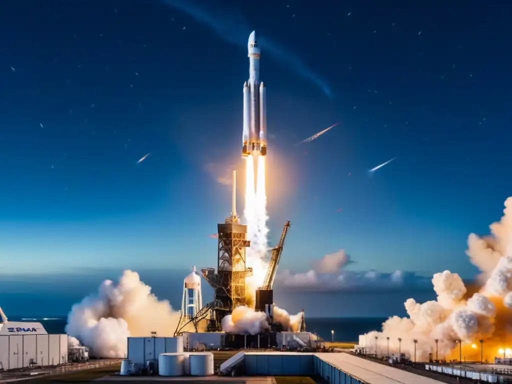 Preparativos de lanzamiento de un cohete Falcon 9 de SpaceX en la noche estrellada, listo para la exploración espacial comercial agencias tradicionales