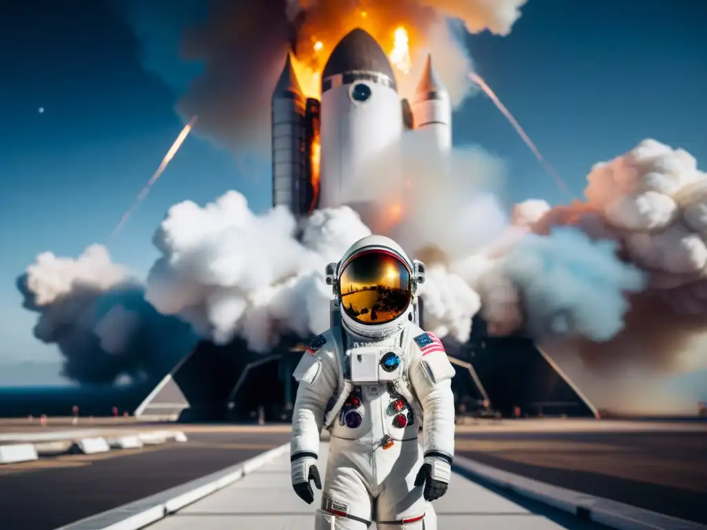 Preparativos de una odisea espacial: astronauta frente a nave espacial en lanzadera, humo blanco y la Tierra reflejada en el casco