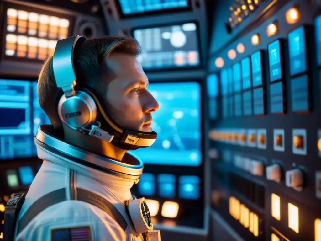 Preparativos de viaje espacial último minuto: Astronautas inspeccionan panel de control en nave espacial de alta tecnología