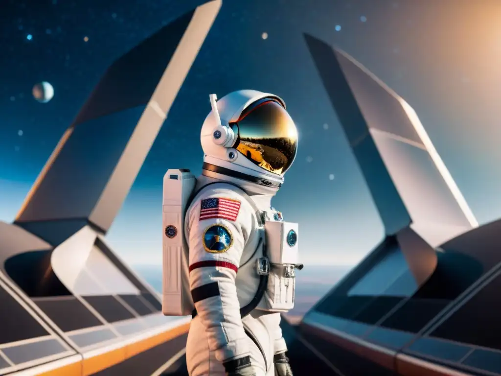 Preparativos de viaje espacial último minuto: astronauta frente a nave futurista, reflejando galaxia en visor, universo estrellado de fondo