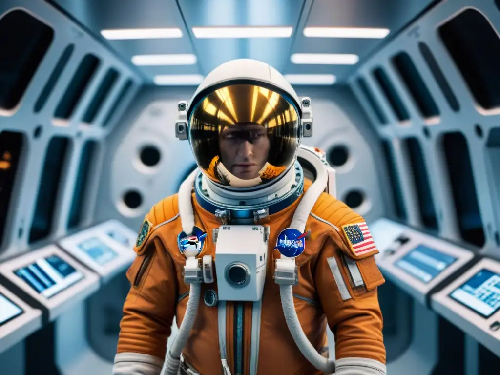 Preparativos viaje espacial último minuto: Inspección detallada de traje espacial futurista en centro de entrenamiento de alta tecnología