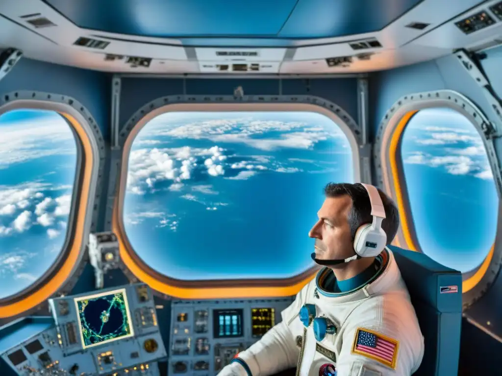 El primer rumano en el espacio, Dumitru Prunariu, contempla maravillado la curvatura de la Tierra desde la ventana de la nave espacial, iluminado por el suave resplandor de los paneles de control