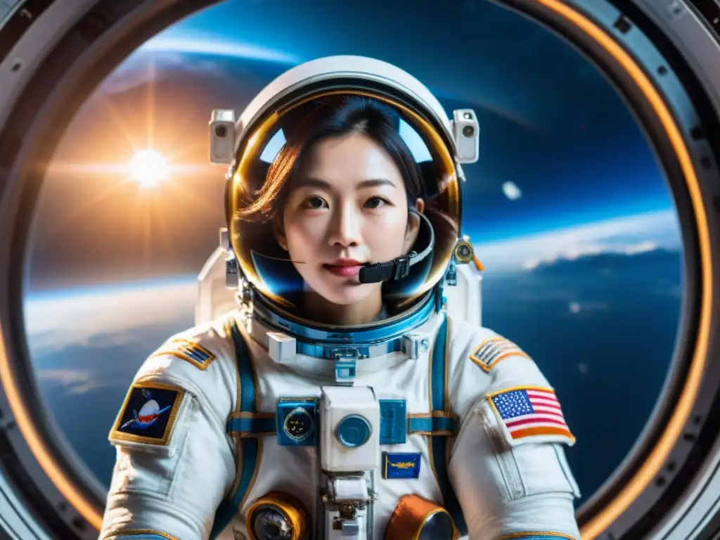 Yi Soyeon, primera astronauta Corea, flotando en la Estación Espacial Internacional, con la Tierra de fondo