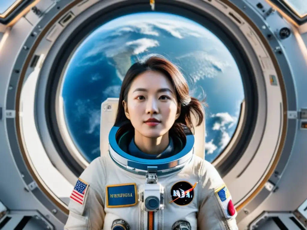 La primera astronauta de Corea, Yi Soyeon, flota con gracia en la Estación Espacial Internacional, con la Tierra de fondo