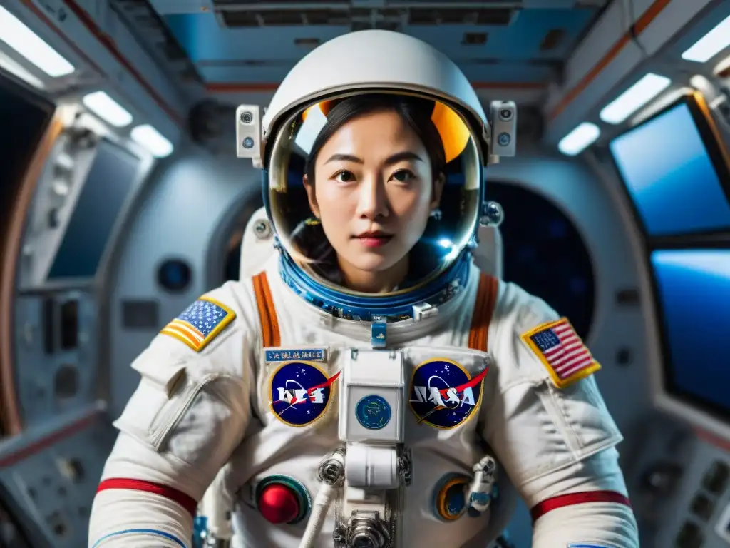 La primera astronauta de Corea, Yi Soyeon, flota en gracia en la Estación Espacial Internacional, rodeada de equipo espacial avanzado, realizando experimentos científicos con determinación y asombro, mientras la Tierra se ve majestuosa al fondo