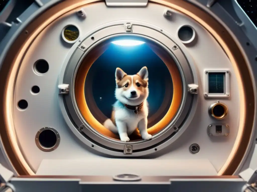 Laika, primera perra astronauta, lista para su viaje espacial histórico con valentía y determinación en sus ojos