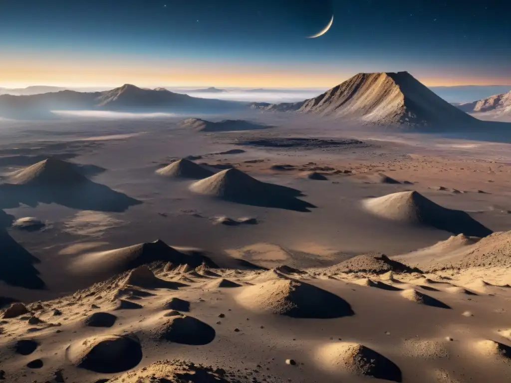 Primera base lunar exploración espacio: paisaje lunar al amanecer, con contrastes entre luz y sombra en cráteres y montañas, y la Tierra en el cielo