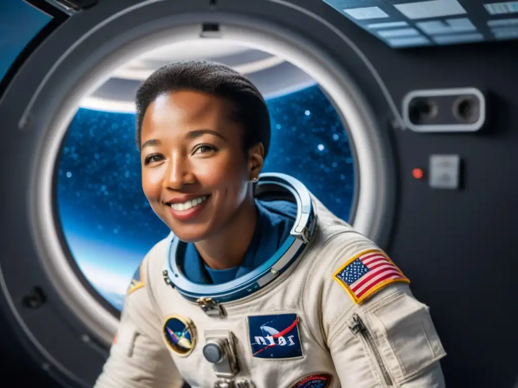 La primera mujer afroamericana en el espacio, Mae Jemison, flota con gracia en su traje de astronauta dentro del transbordador espacial STS47, sonriendo mientras contempla las estrellas y la Tierra desde la ventana