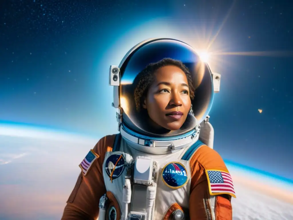 La primera mujer afroamericana en el espacio, Mae Jemison, flota con gracia entre estrellas y galaxias, reflejando la Tierra en su visor