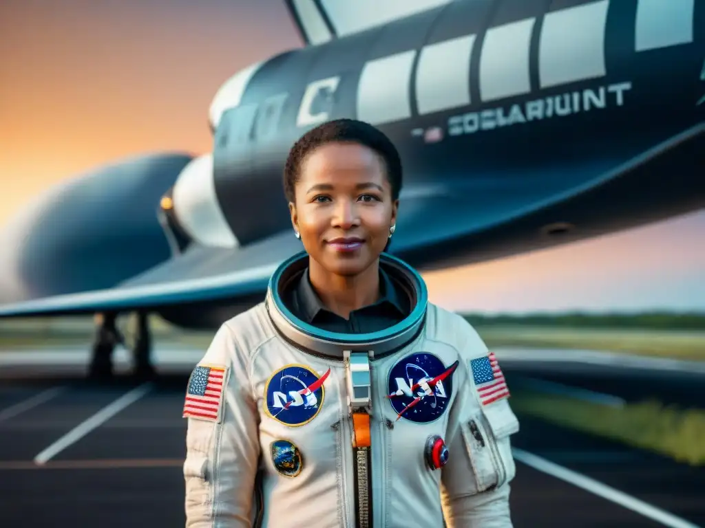 La primera mujer afroamericana en el espacio, Mae Jemison, frente al transbordador espacial, mostrando poder y determinación