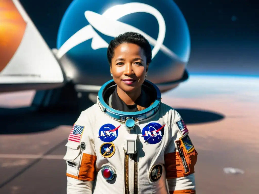 Primera mujer afroamericana en el espacio, Mae Jemison, frente a un transbordador espacial con la Tierra de fondo, mostrando determinación y asombro