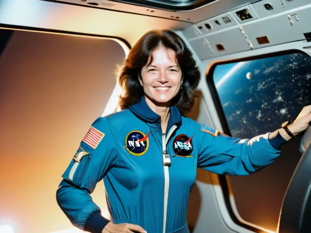 La primera mujer americana en el espacio, Sally Ride, flotando en la nave Challenger durante la misión STS7