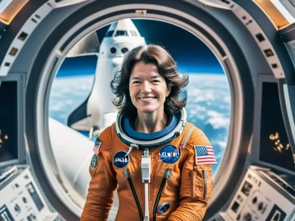 La primera mujer americana en el espacio, Sally Ride, flota con gracia en la nave Challenger, con la Tierra de fondo