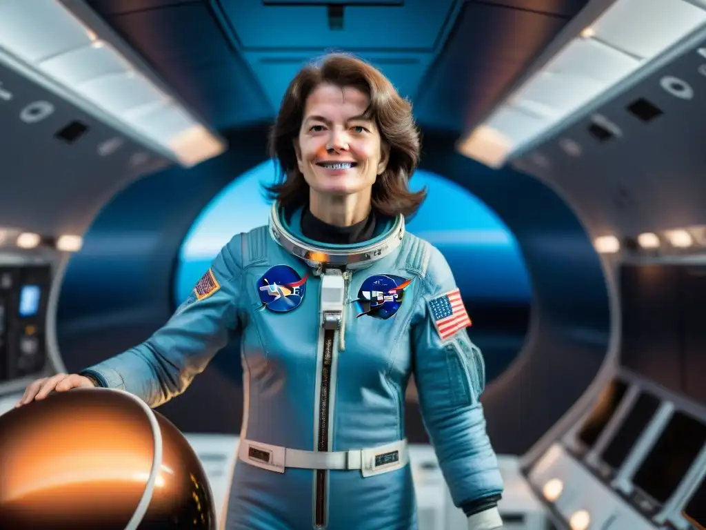 La primera mujer americana en el espacio, Sally Ride, flotando con gracia en la nave espacial frente a la Tierra