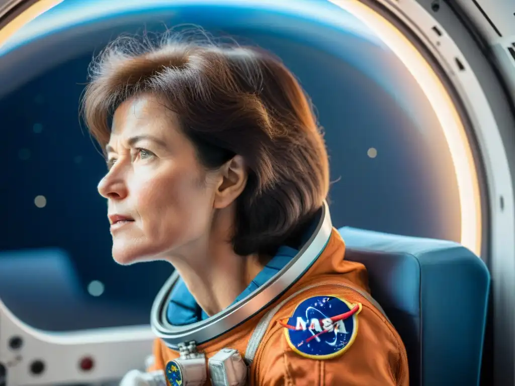 La primera mujer americana en el espacio, Sally Ride, flota en la nave espacial, observando la Tierra desde la ventana con asombro y determinación