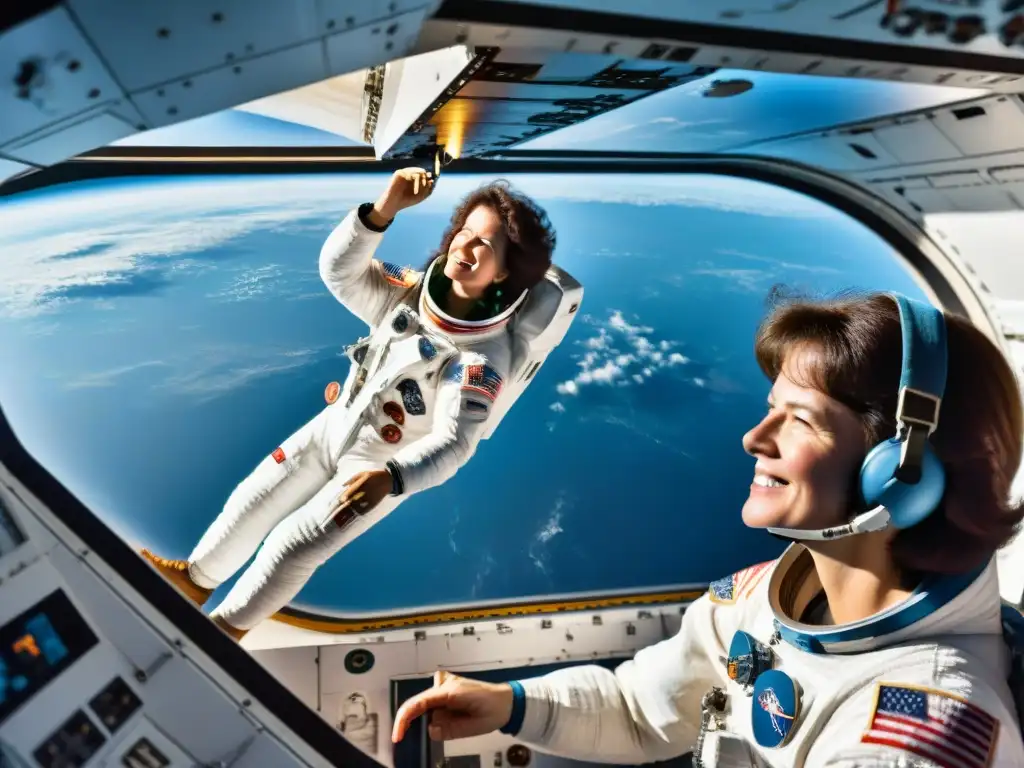 La primera mujer americana en el espacio, Sally Ride, flota sonriente en la nave espacial Challenger, rodeada de la curvatura terrestre