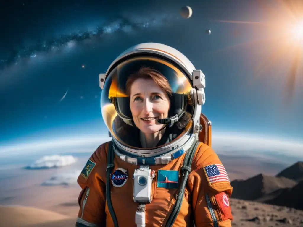 La primera mujer británica en espacio, Helen Sharman, frente a la nave Soyuz en el cosmos, reflejando el espíritu pionero de la exploración humana