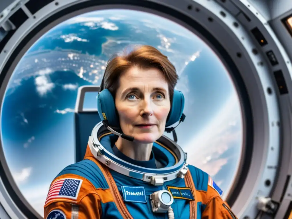 La primera mujer británica en espacio, Helen Sharman, realiza experimentos en la estación espacial Mir, con la Tierra de fondo