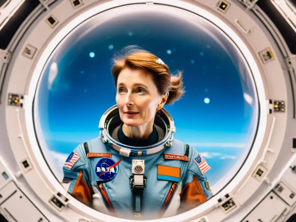 La primera mujer británica en espacio, Helen Sharman, flotando en la estación Mir, rodeada de equipo científico, con la Tierra de fondo