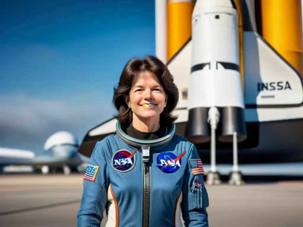 La valentía de Sally Ride primera mujer en el espacio, de pie frente al transbordador Challenger de la NASA, con la Tierra de fondo