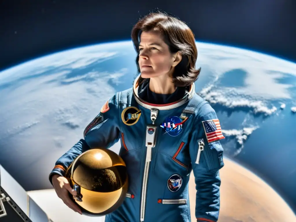 La primera mujer estadounidense en el espacio, Sally Ride, en su traje de astronauta, admirando la Tierra desde el cosmos