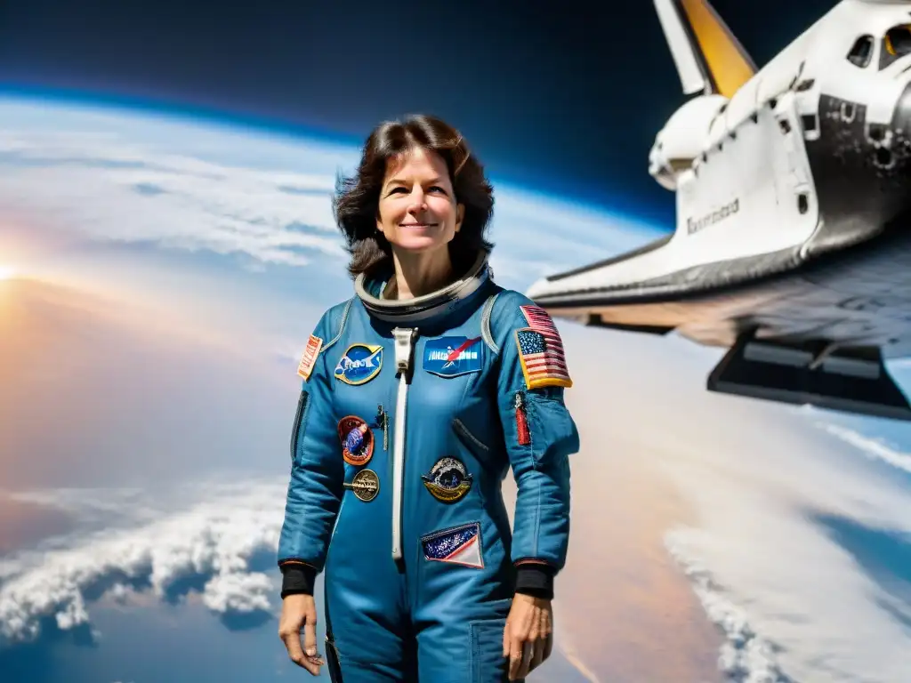 La primera mujer estadounidense en el espacio, Sally Ride, contempla el universo desde el transbordador Challenger, con la Tierra de fondo