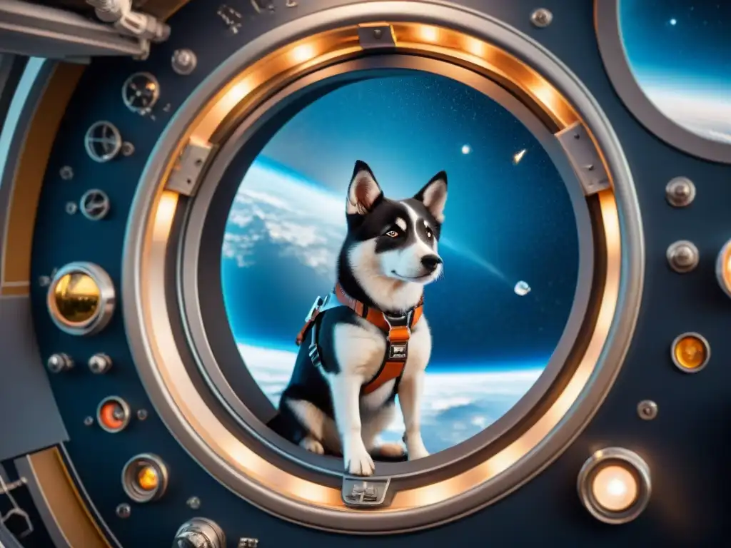 Laika, primera perra astronauta, curiosa en Sputnik 2 con la Tierra vista desde el espacio, reflejando su histórico viaje