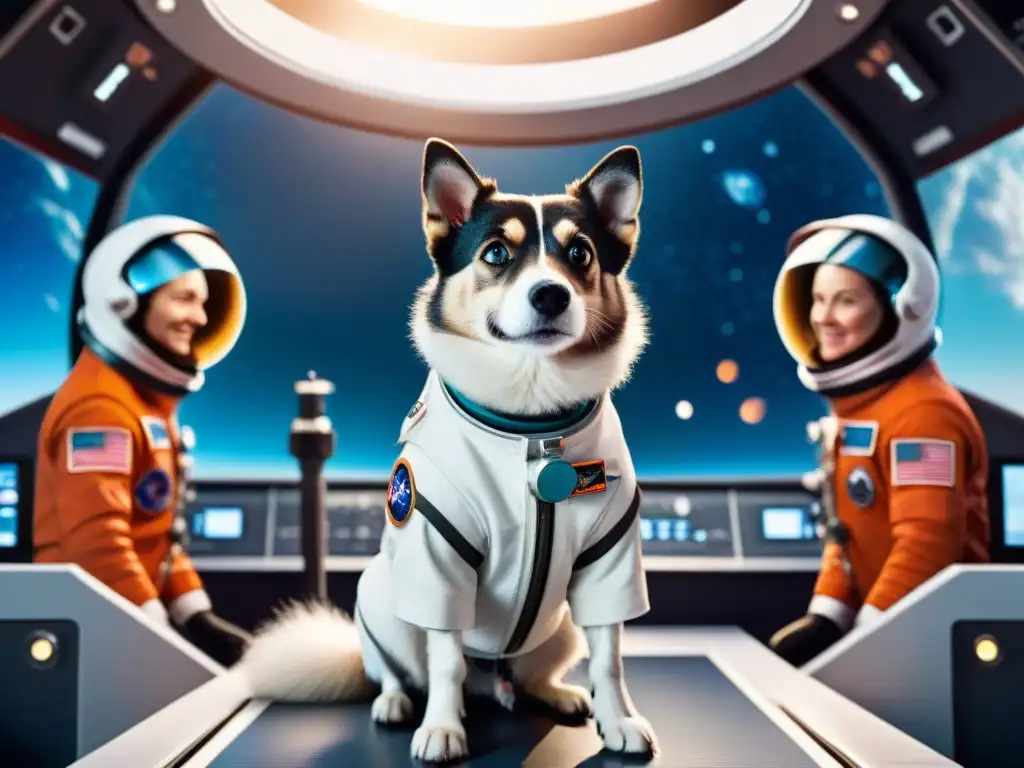 Laika, primera perra astronauta de la historia, lista para partir hacia el espacio en su nave espacial futurista