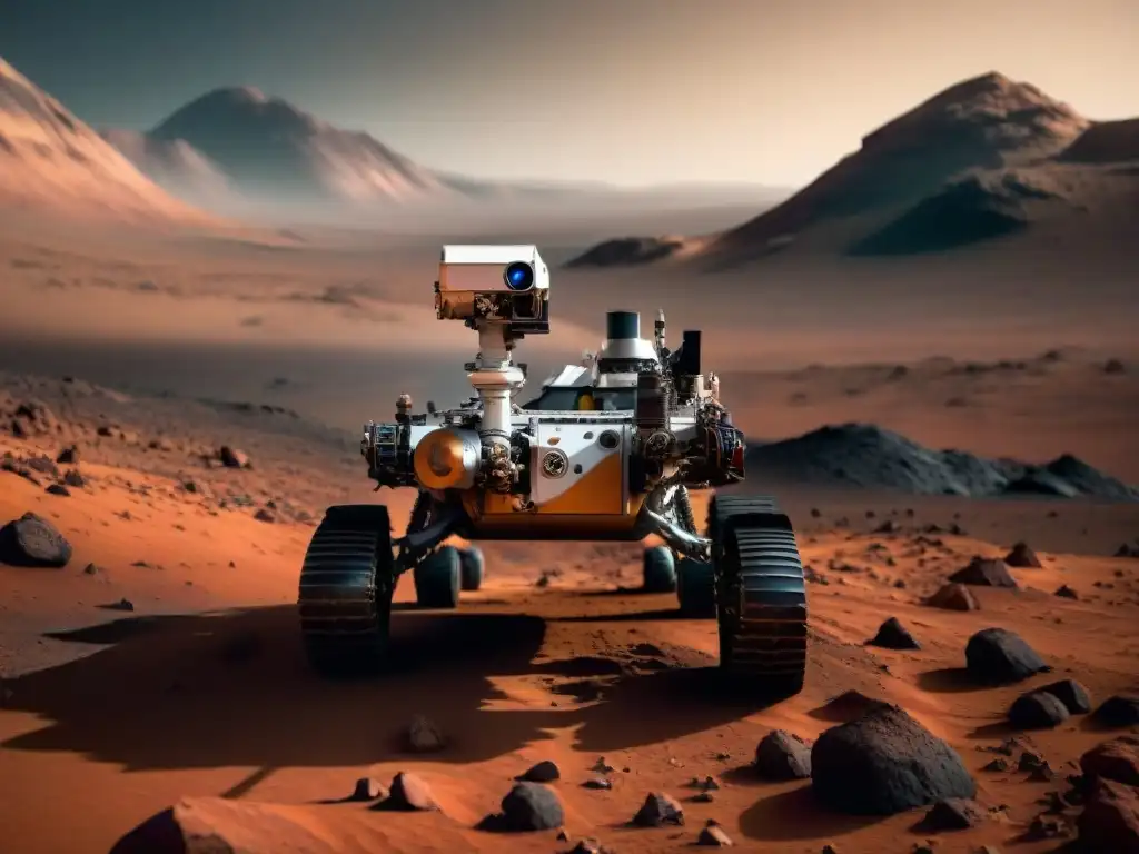 Programas de exploración virtual Marte: Detalles del rover Curiosity en terreno marciano, con paisaje rocoso y atmósfera polvorienta