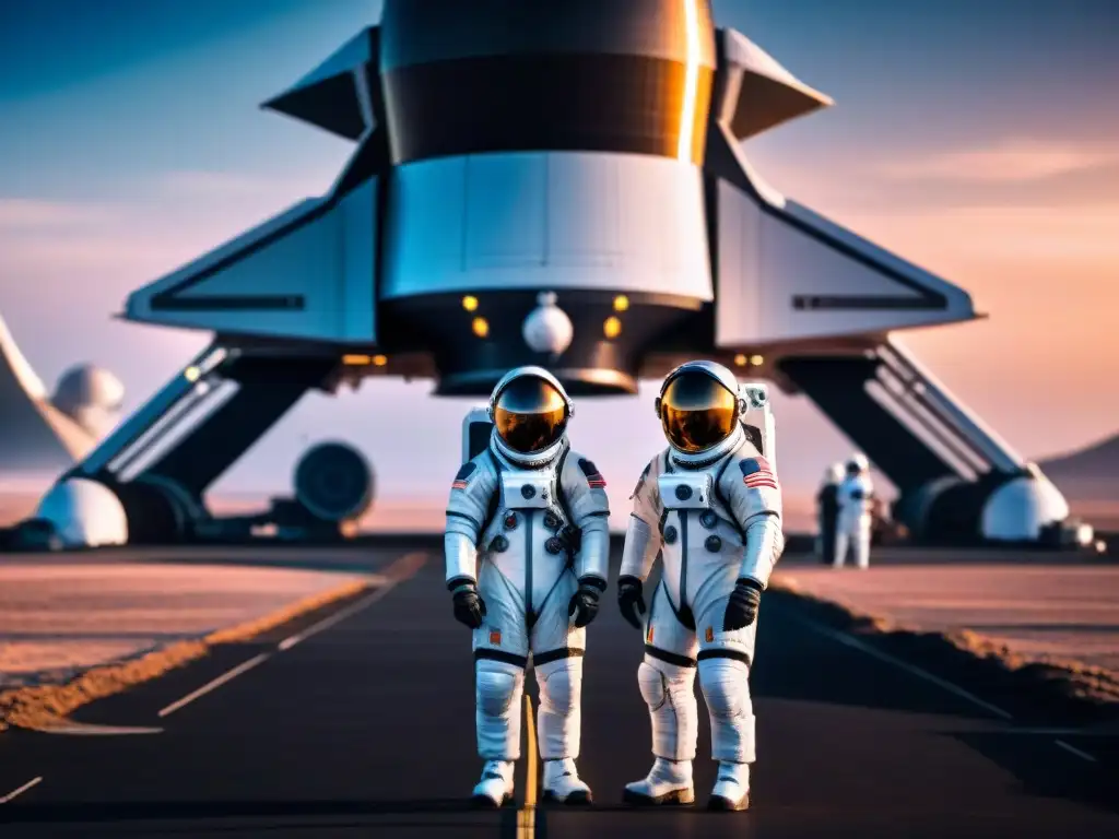 Protocolos seguridad viaje turismo espacial: Futurista puerto espacial con astronautas y naves listas para viaje interestelar