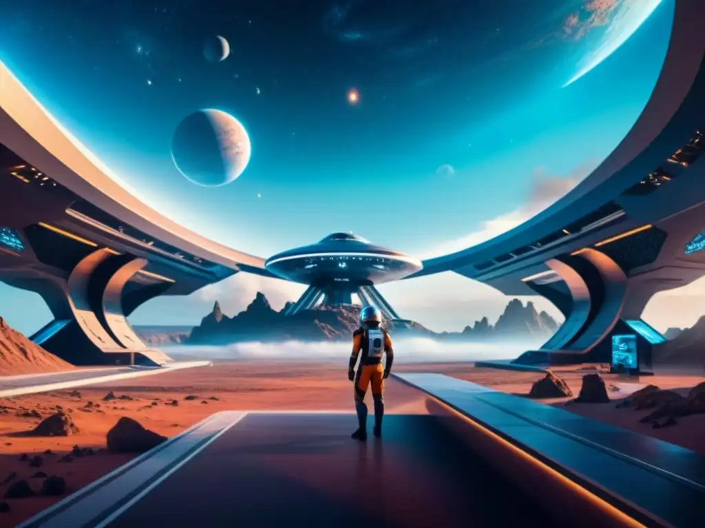 Un puerto espacial bullicioso en un planeta distante, con naves y seres alienígenas intercambiando tecnología futurista