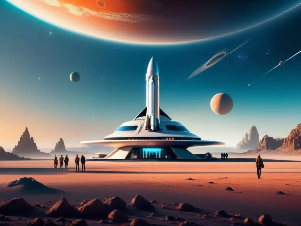 Un puerto espacial futurista con naves espaciales para turismo espacial, turistas y técnicos, bajo un cielo estrellado
