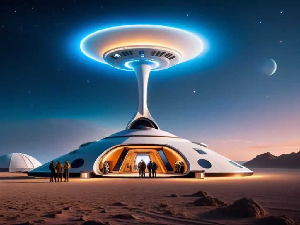 Un puerto espacial futurista con naves espaciales para turismo espacial listas para despegar bajo el cielo estrellado