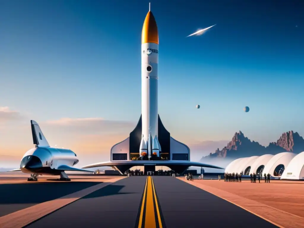 Un puerto espacial futurista con naves listas para despegar, astronautas y turistas ansiosos