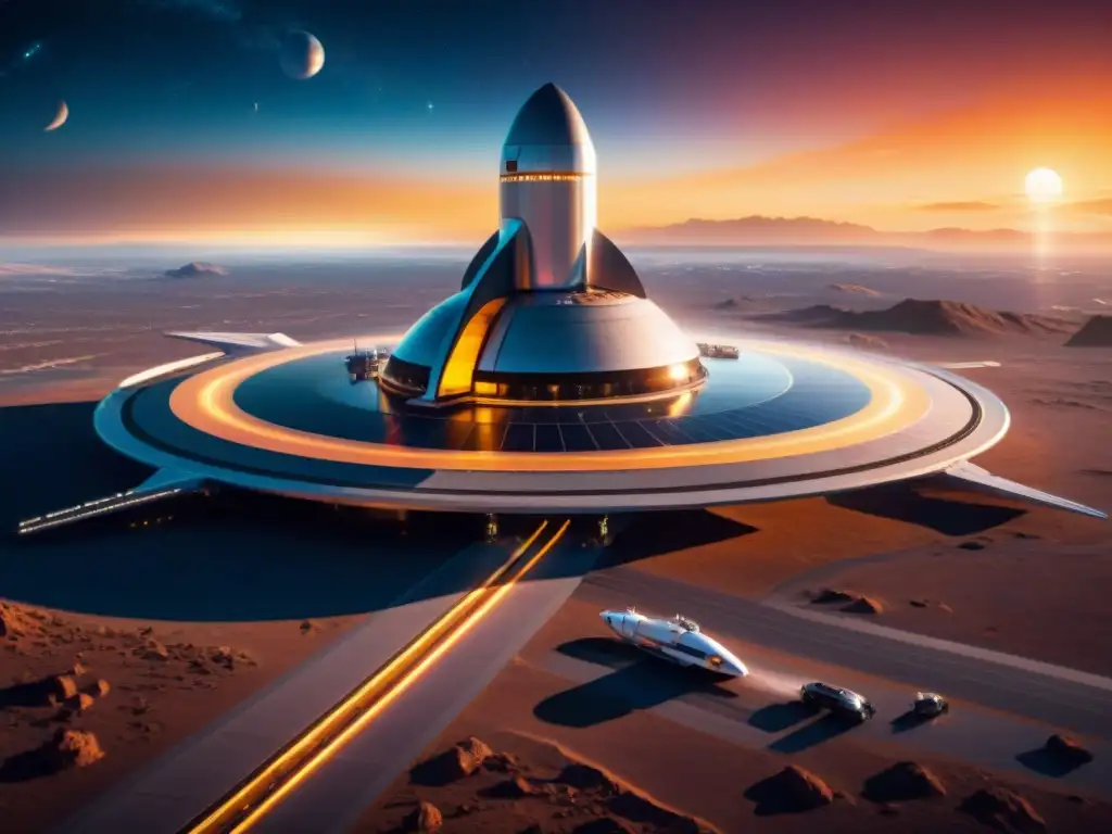 Un puerto espacial futurista con naves avanzadas y paquetes exclusivos para aventureros espaciales