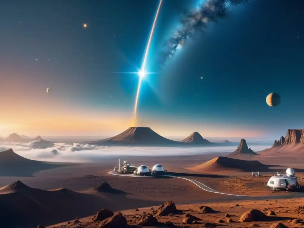 Porte espacial futurista: viajes intergalácticos Un puerto espacial futurista con naves listas para viajes interestelares