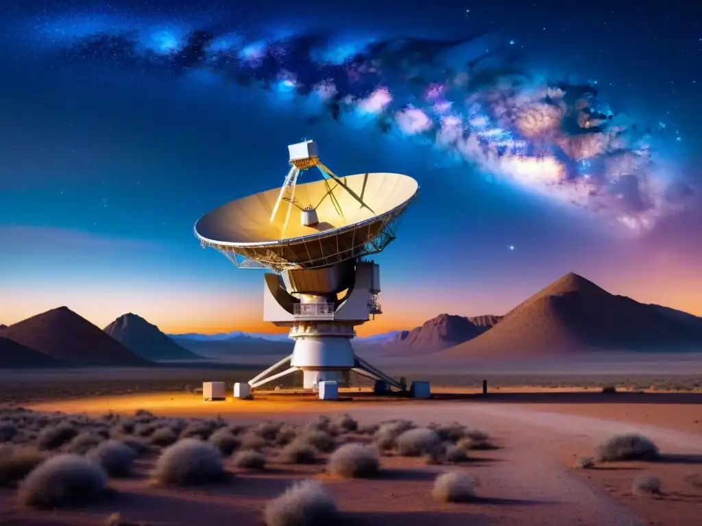 Radio telescopio en desierto busca señales extraterrestres, con nebulosa y estrellas brillantes