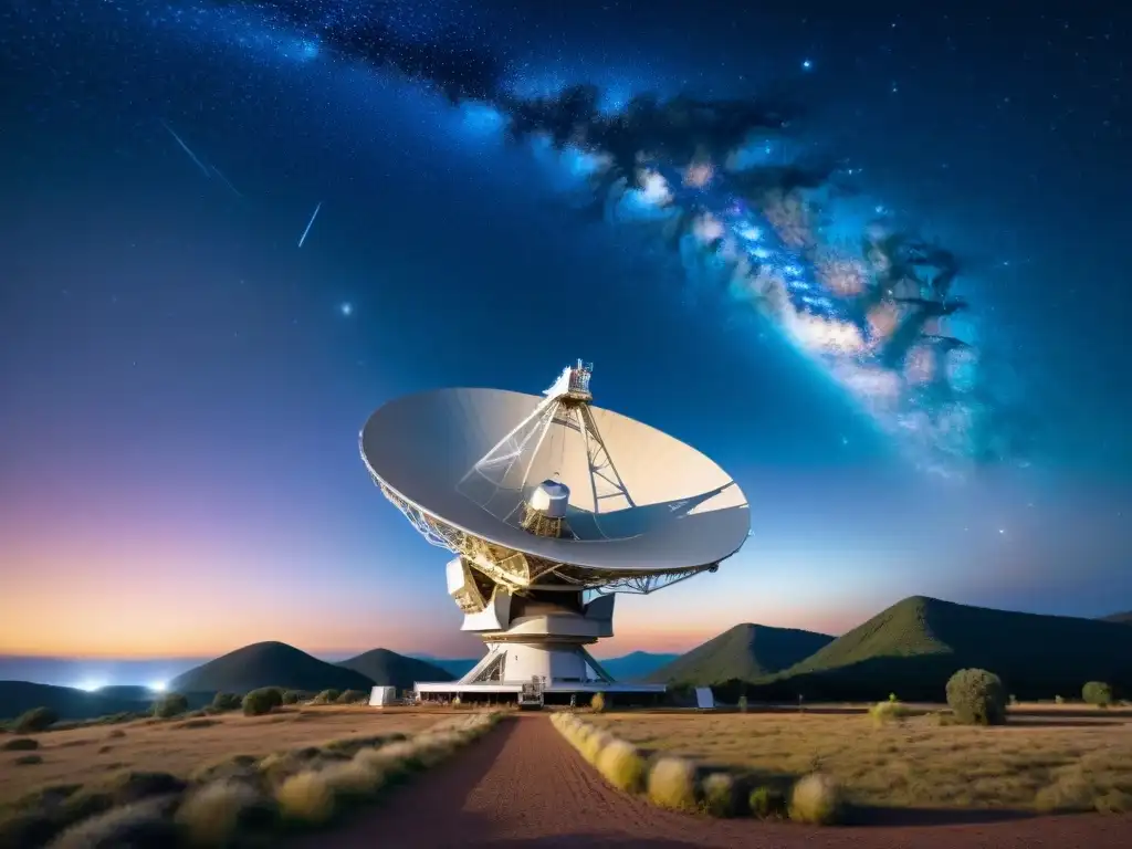 Un radiotelescopio apuntando al cielo estrellado, detallando su estructura y la búsqueda de Vida Extraterrestre Contacto