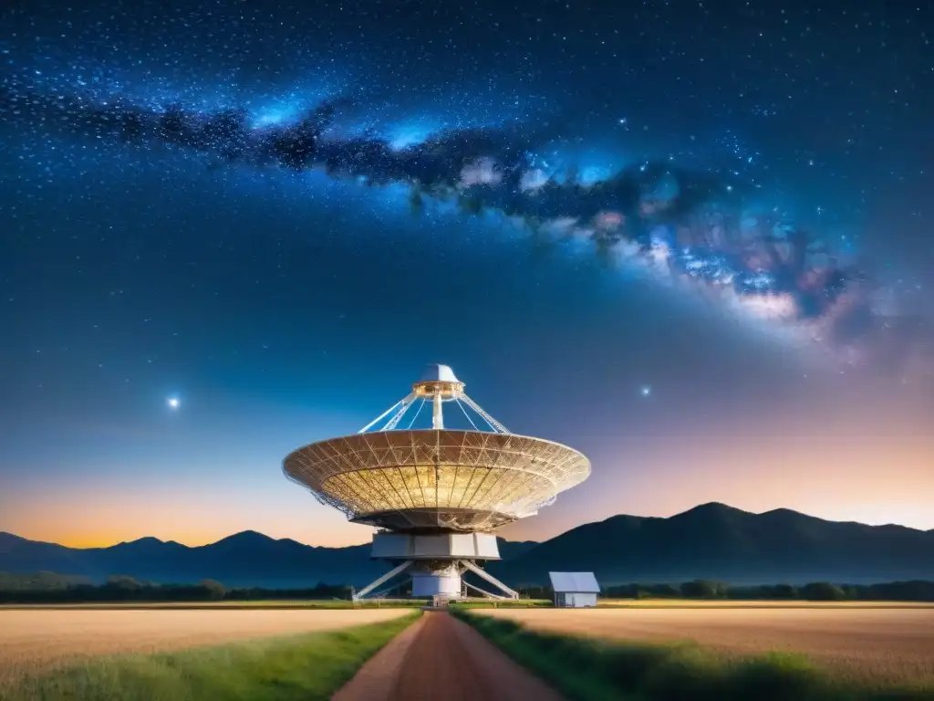 Un radiotelescopio majestuoso bajo un cielo estrellado, reflejando la búsqueda de la humanidad por mensajes interestelares escuchando universo maravillas