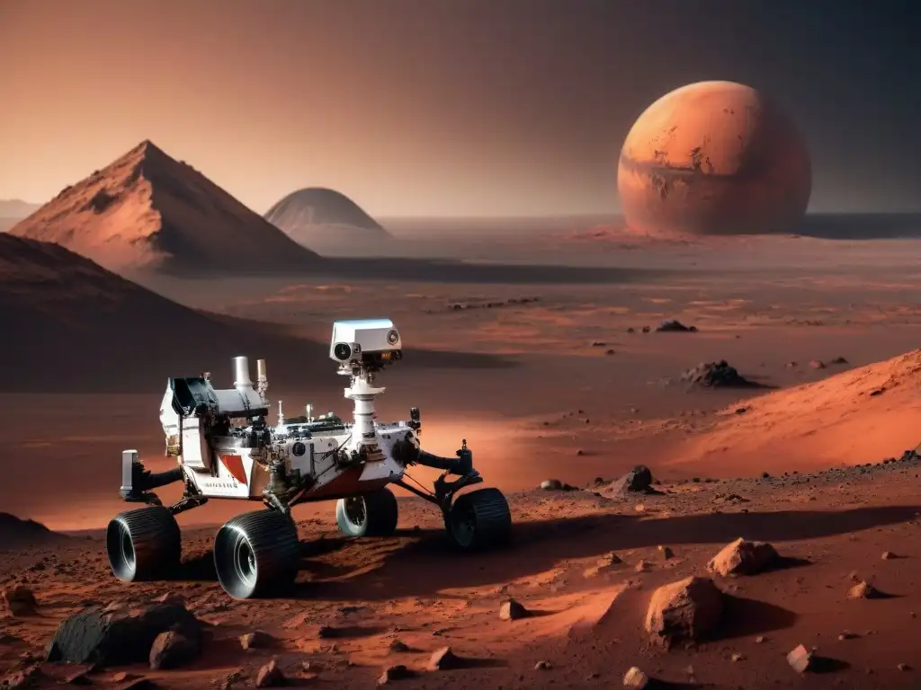 Explora Marte con Realidad Aumentada: paisaje rojizo y el rover Perseverance en un vasto y desolado horizonte marciano