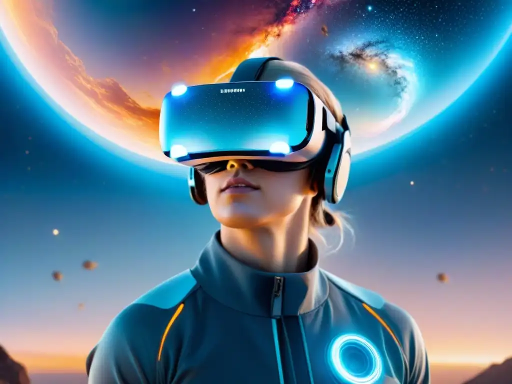 Realidad virtual explorando el universo: Conectores neurales brillantes en un casco futurista, inmerso en una galaxia misteriosa