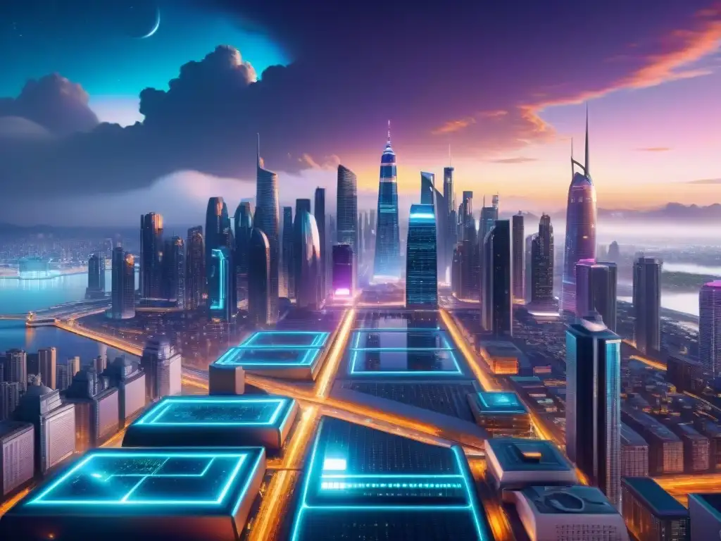 Metrópolis futurista: ciudad alienígena en la noche estrellada Realidades alternativas en una ciudad futurista con rascacielos alienígenas y tecnología avanzada bajo un cielo estrellado