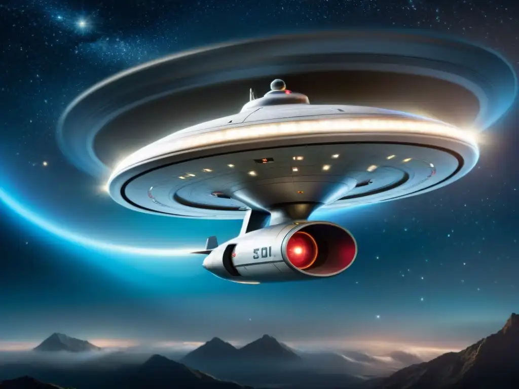 Ilustración realista de la icónica Starship Enterprise de Star Trek en el espacio, evocando el diseño de naves espaciales de la cultura pop