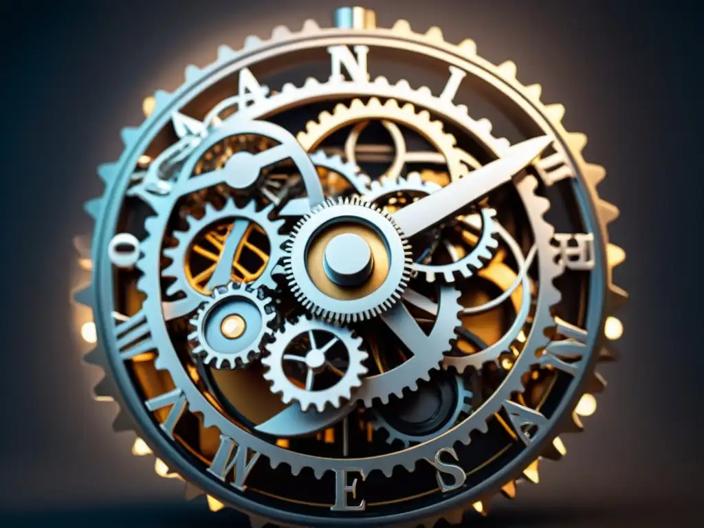 Una red de complejas ruedas dentadas de reloj entrelazadas con hilos de luz plateada, representando las paradojas en viajes en el tiempo en 'Looper'