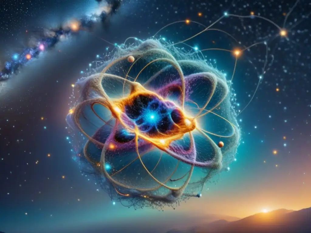Red neuronal cósmica: IA desvelando misterios del universo Red de nodos conectados sobre el universo, con IA decodificando misterios del espacio profundo