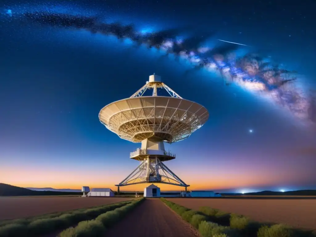 Una red de telescopios masivos captando señales de galaxias distantes, iluminados por el atardecer, bajo un cielo estrellado